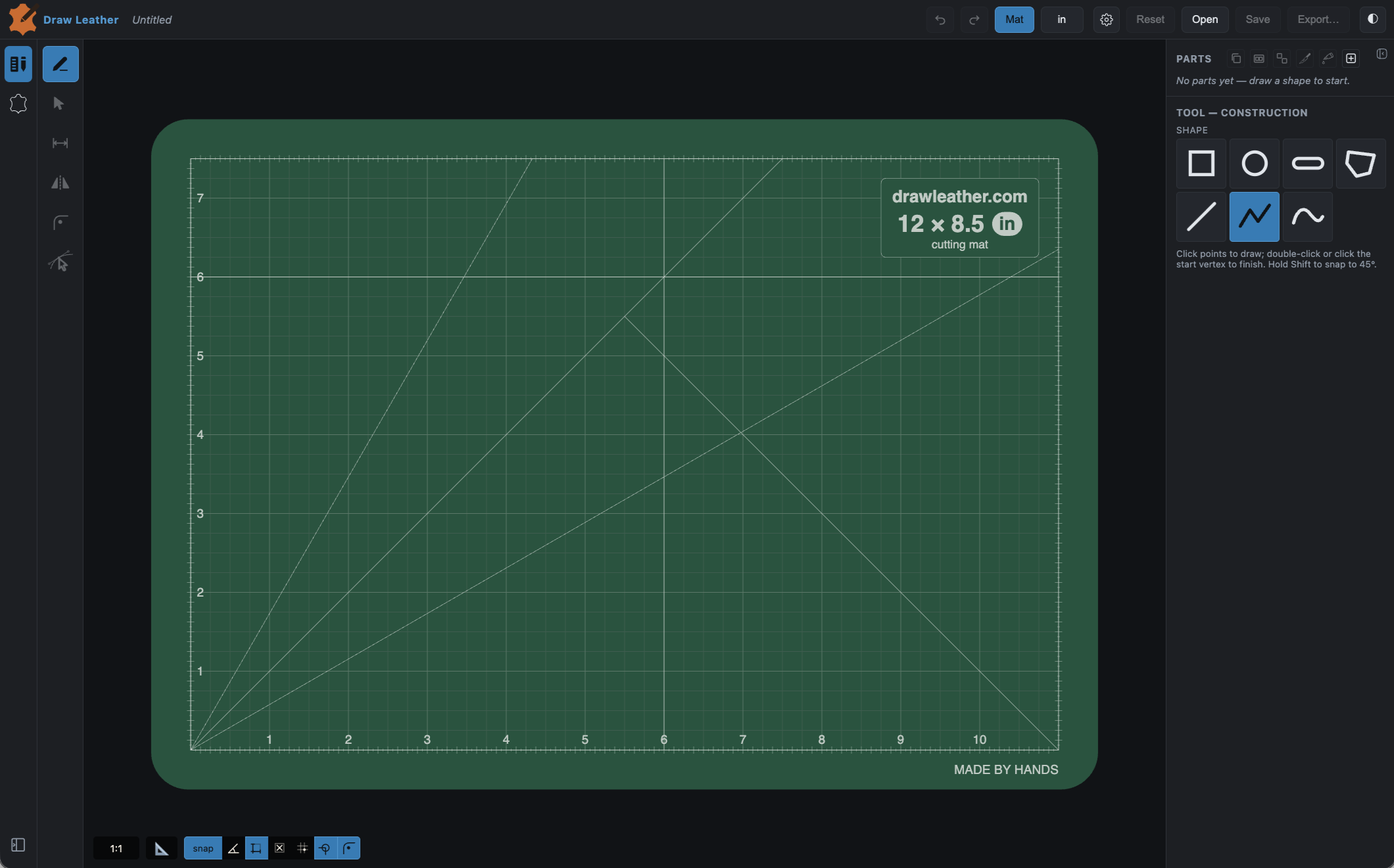 The Draw Leather editor: a leather part being laid out on a true-to-size cutting mat, with drawing, stamping, and snapping tools.