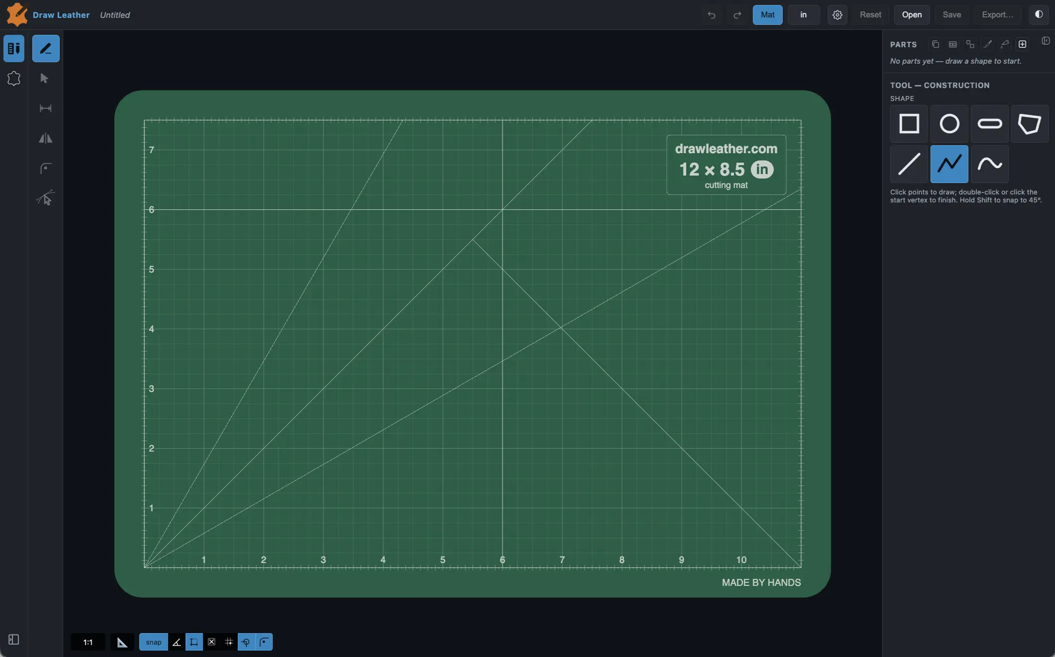 The Draw Leather editor: a leather part being laid out on a true-to-size cutting mat, with drawing, stamping, and snapping tools.